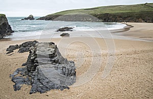 Deserted beach at Trevone Bay in Cornwall, England