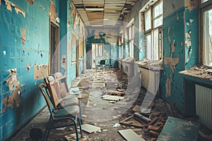 Deserted classroom corridor with scattered chairs and debris