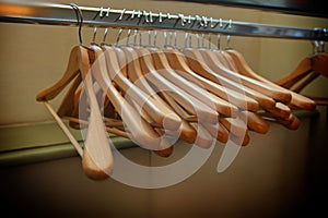 Deserted cloakroom clothes rack in convention center