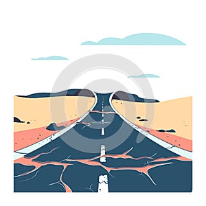 deserted desert road riddled large cracks potholes, extending towards hills aerial view vector photo