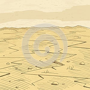 Deserted drought cracks in the ground. Wasteland view. Changing of the climate. Vector color illustration.