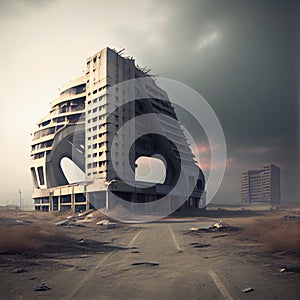 deserted futuristic buildings in city outskirts after apocalyptic catastrophe