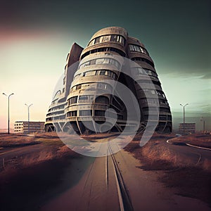 deserted futuristic buildings in city outskirts after apocalyptic catastrophe