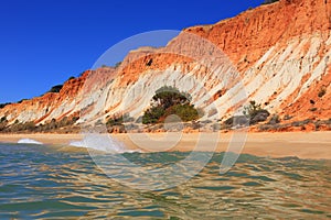 Deserted golden sandy beach in Olhos de Agua, Albufeira, Algarve, Portugal.