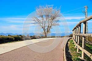 Deserted gravel hiking path with snowy mountains peaks in background