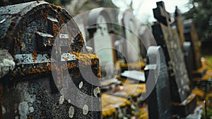 A deserted graveyard with crumbling tombstones evoking a sense of unease and the unknown. . photo