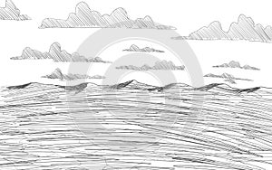 Deserted hills sketch. Wasteland view. Post apocalypse line sketch. Draught environment. Vector illustration.