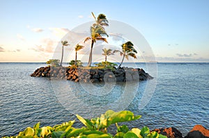 Deserted island with palm trees and a cruise ship