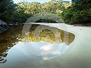 Deserted island river inlet, windless morning