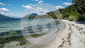 A deserted lakeside beach the crystal clear water now murky and littered with floating algae a stark contrast to the