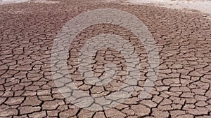 A deserted landscape with cracked ground of a parched lake