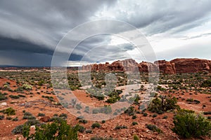 Deserted landscape in storm clouds of Arches National Park, Utah, USA