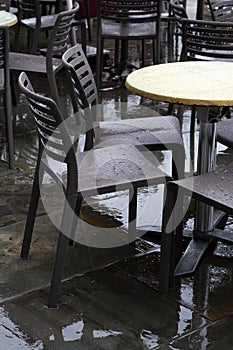 Deserted outdoors restaurant tables