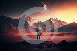 Deserted planet in alien world, generative AI. Lone man, astronaut