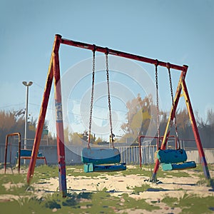 Deserted playground scene with a melancholic empty swing underlining isolation