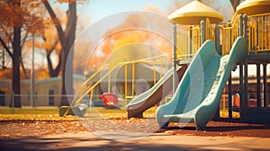 Deserted playground with slide in sunset light. Concept of evening leisure, childhood memories, and community spaces