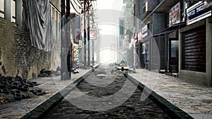 A deserted post-apocalyptic city. The camera flies through the empty ruined city. Deserted post-apocalyptic street in