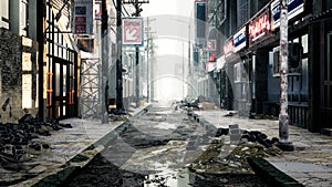 A deserted post-apocalyptic city. The camera flies through the empty ruined city. Deserted post-apocalyptic street in