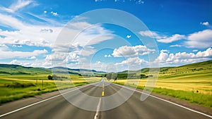 A deserted road stretches through a vast expanse of green field under a clear blue sky, Long highway road landscape in a rural