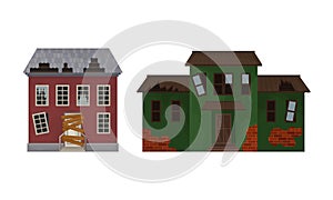 Deserted Ruined Houses and Two-storeyed Buildings with Boarded up Window and Broken Roof Vector Set