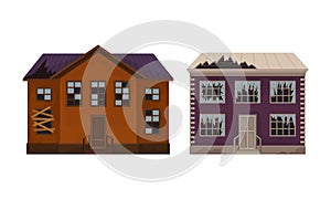 Deserted Ruined Houses and Two-storeyed Buildings with Boarded up Window and Broken Roof Vector Set