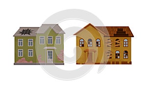 Deserted Ruined Houses and Two-storeyed Buildings with Boarded up Window and Broken Roof Vector Set