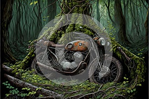 Deserted rusty motorcycle in lush foliage. illustration painting