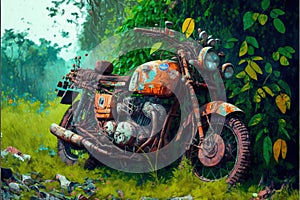 Deserted rusty motorcycle in lush foliage. illustration painting