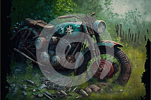 Deserted rusty motorcycle in lush foliage. illustration painting