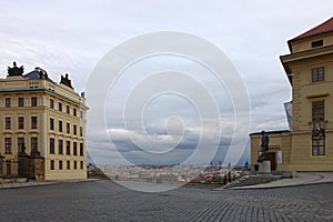 Deserted Square with Statue of Tomas Garrigue Masaryk in front of Prague Castle during Coronavirus Lock-down, Europe