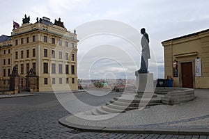 Deserted Square with Statue of Tomas Garrigue Masaryk in front of Prague Castle during Coronavirus Lock-down, Europe