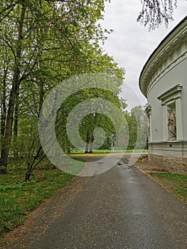 A deserted wet road among trees and a pavilion on a cloudy spring morning in a park on Elagin Island in St. Petersburg