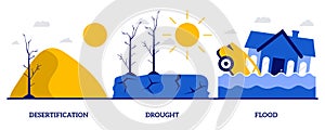 Desertification, drought, flood concept with tiny people. Climate change consequences abstract vector illustration set. Tsunami,