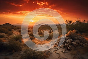desertscape with dramatic sunset, featuring fiery reds and oranges