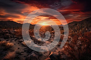 desertscape with dramatic sunset, featuring fiery reds and oranges