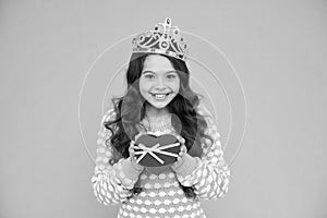 She deserves best. Kid silver crown symbol of glory. Beauty pageant. Focus on beauty. Little princess. Girl wear crown