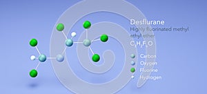 desflurane molecule, molecular structures, Highly fluorinated methyl ethyl ether, 3d model, Structural Chemical Formula and Atoms