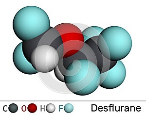 Desflurane molecule. It is organofluorine compound, inhalation anaesthetic. Molecular model. 3D rendering