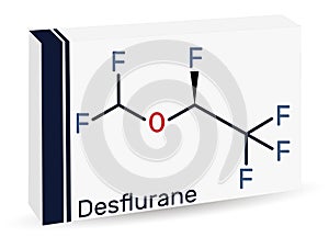 Desflurane molecule. It is organofluorine compound, inhalation anaesthetic. Skeletal chemical formula. Paper packaging for drugs