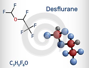 Desflurane molecule. It is organofluorine compound, inhalation anaesthetic. Structural chemical formula and molecule model