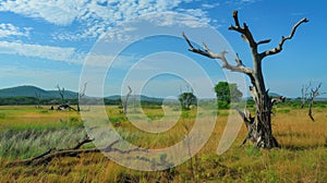 Desiccated tree skeletons dot the landscape a haunting reminder of the lush vegetation that once thrived here