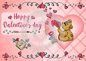Design of 1 greeting card layout on the theme of love and Valentines day in the style of childrens Doodle