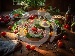 humongous vegan salad on rustic wooden table photo