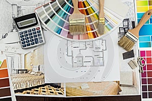 Design architecture drawing renovation color palette blueprints at office