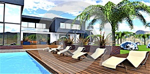 The design of the arrangement of sun loungers on a wooden deck near the pool in front of an elite country house. 3d rendering