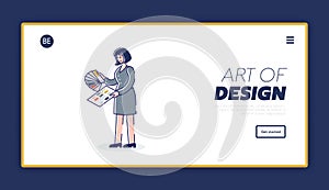 Design and art landing page template with female designer choosing color for website design