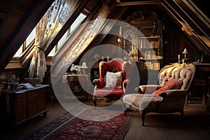The design of the attic floor is reminiscent of Victorian elegance. Ornate wallpaper, antique furniture