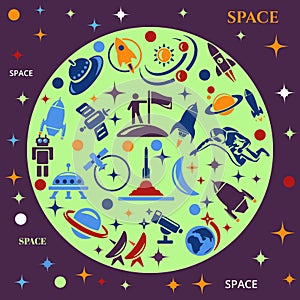 Design background with the image of rockets, planets and astronafta