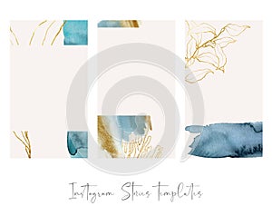 Design backgrounds for social media banner with golden underwater plants. Set of Instagram post frame templates. Mockup