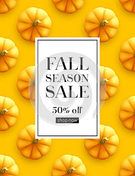 Design banner Autumn sale. Fall poster design on the pumpkin seamless patttern. Vector illustration